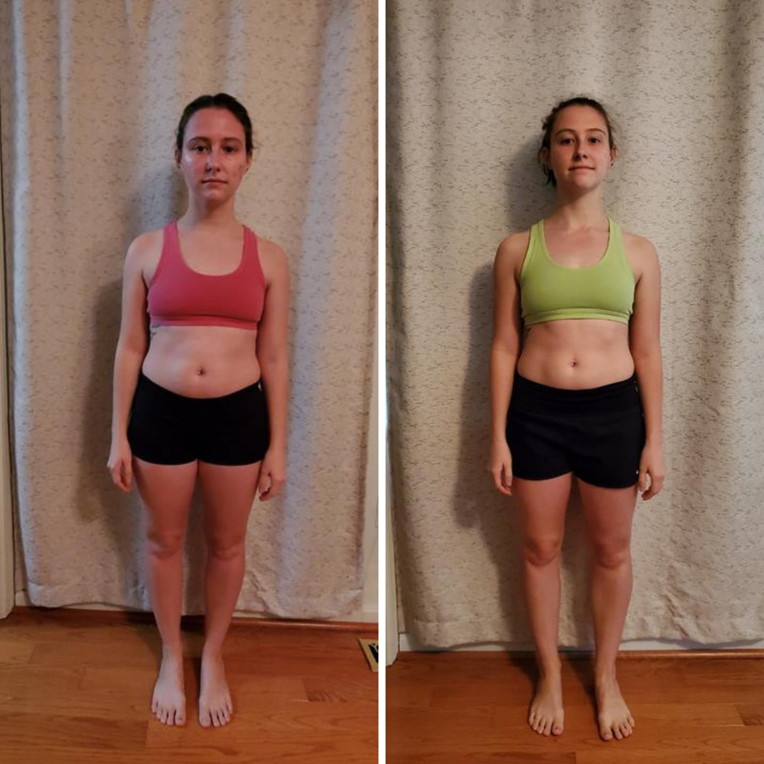 Before and after of woman wearing pink and green