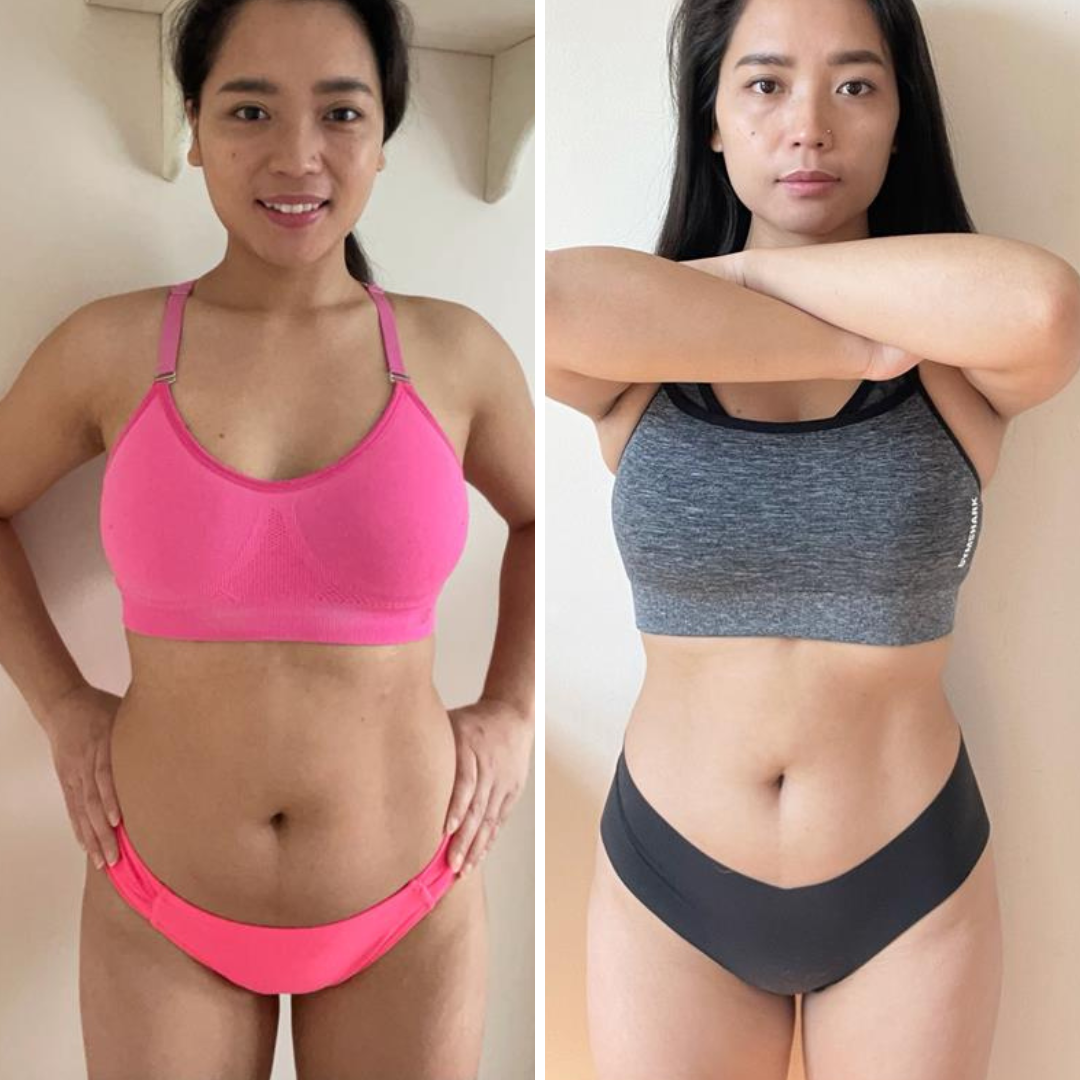 a before and after picture of a dark hair woman smiling and crossing her arms facing the camera