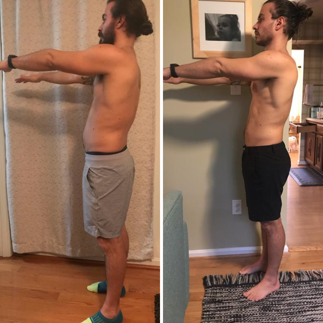 A before and after picture of a male with long brown hair in a pony tail raise his arms up for a side angle of his body
