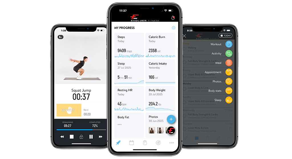 Evoluer+ fitness app showing workout tracking features